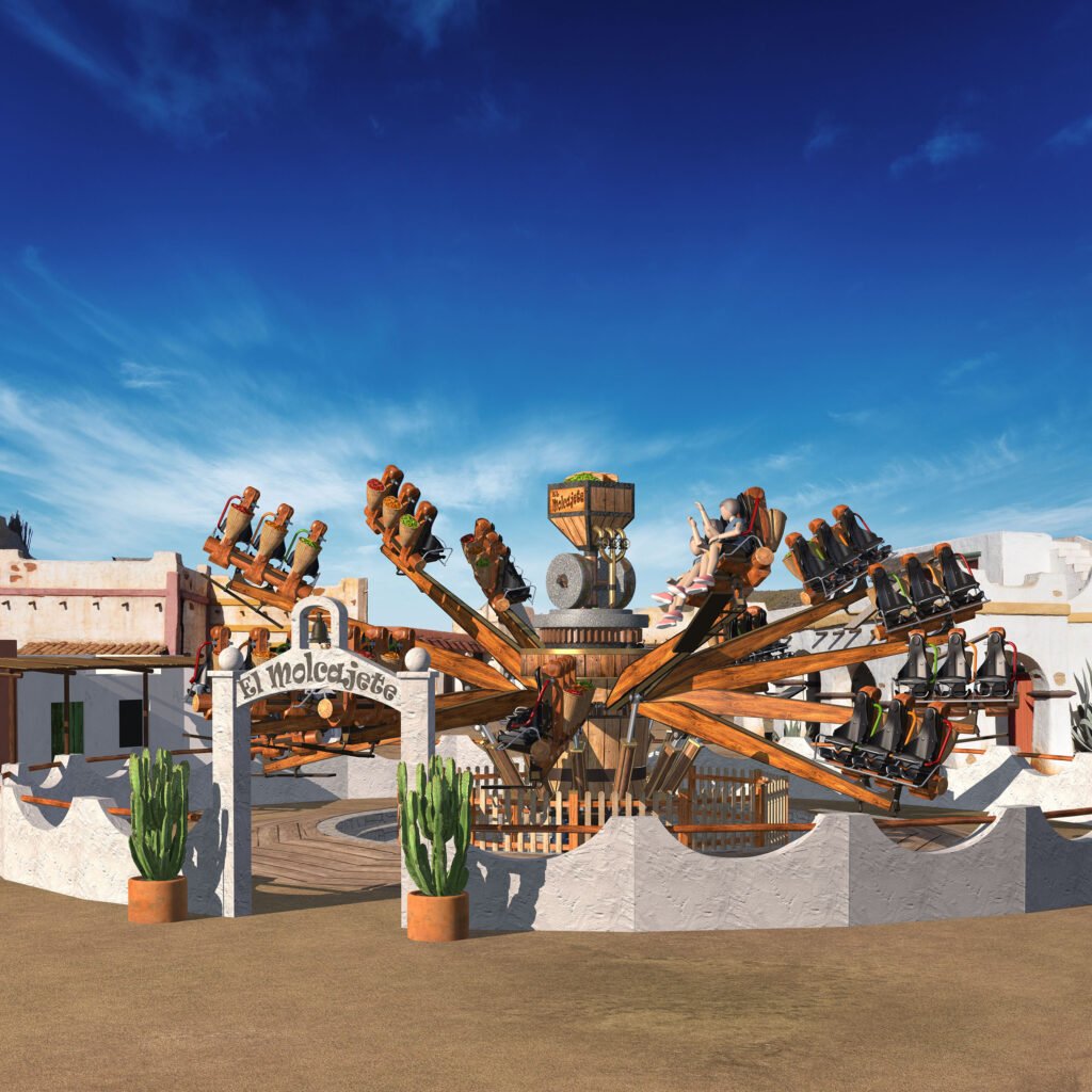 Sur la photo de El Molcajete, on voit une grande roue composée de nacelles de couleurs vives. Chaque nacelle est en forme de petit bol, suspendu au sommet d'une structure circulaire. Les sièges sont répartis tout autour de la structure, certains verts (plus doux), d'autres rouges et oranges (plus intenses). Les passagers s'inclinent à chaque mouvement, offrant une sensation de rotation et de montée. L'attraction est entourée de décors mexicains colorés et d'éléments naturels comme des cactus, créant une ambiance vibrante.